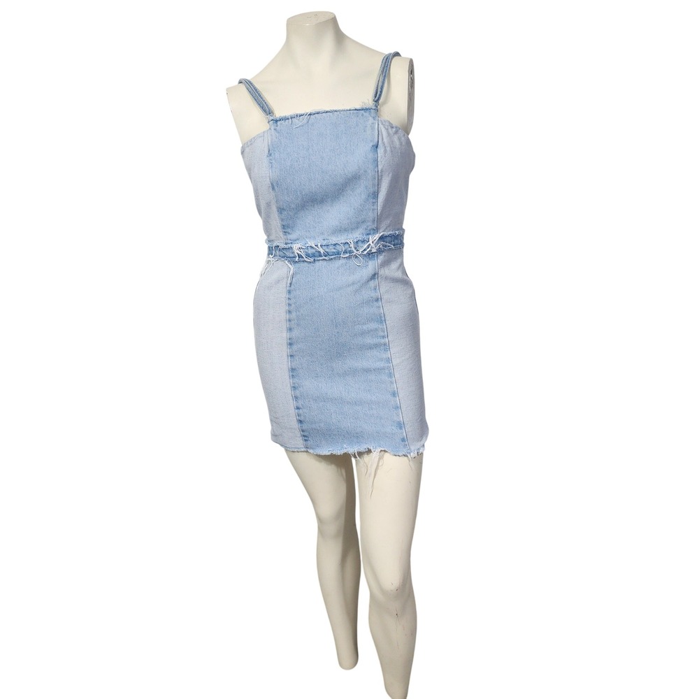 Zara TRF Denim Makers Light Wash Mini Dress XS distressed Open Back cotton - Picture 2 of 13